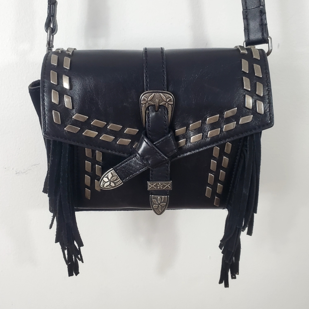 ZARA Western Black Fringe Crossbody Bag with Silver Buckle Detail - Picture 5 of 15